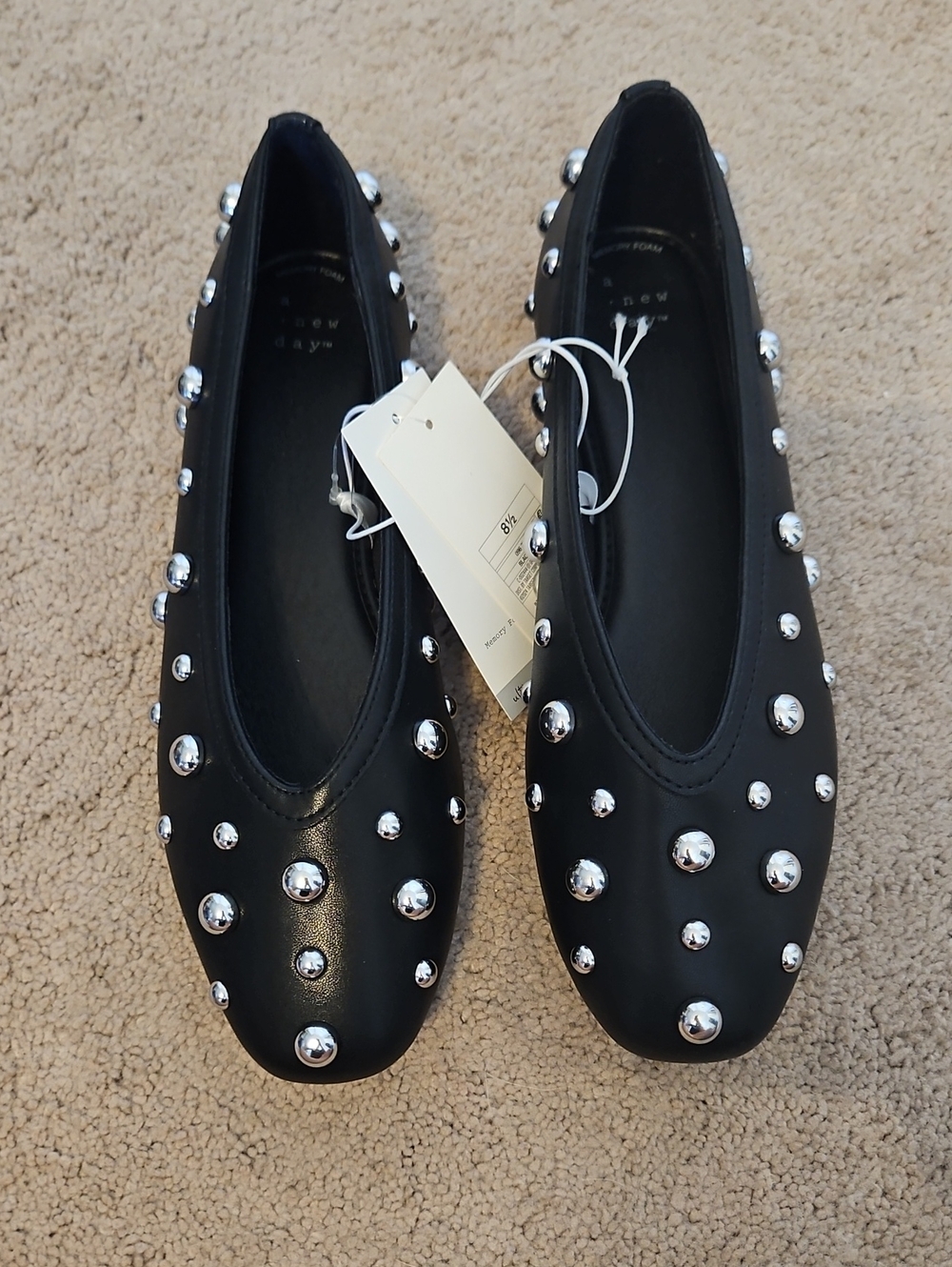 NWT a new day Sammie Black Ballet Flats with Silver Stud Accents